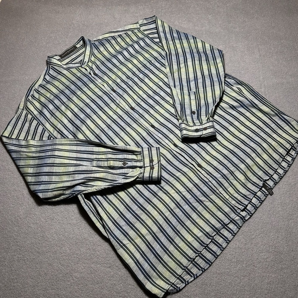 Jhane Barnes Shirt Mens XL Striped Jacquard Pattern Band Collar Dress‎ VTG